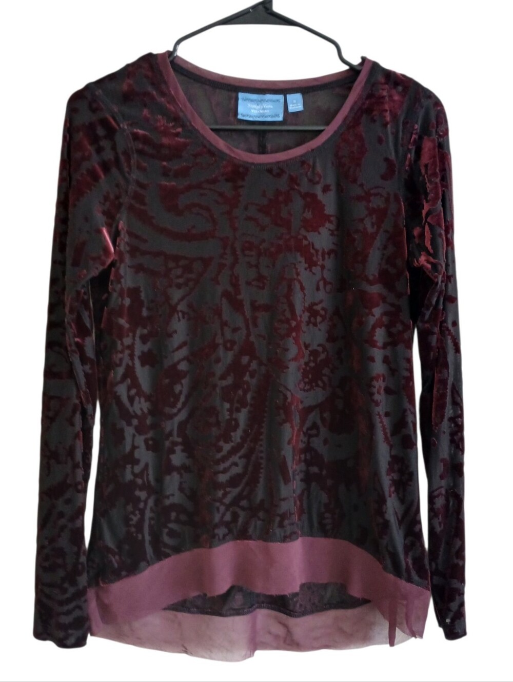 Whimsigoth Sheer Burgundy Burnout Velvet Long Sleeve Top Women's S Fairy Grunge